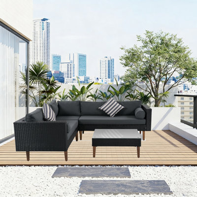 Ensemble de canapé d'extérieur en osier 4 pièces, mobilier de patio avec coussins colorés, ensemble de canapé en forme de L, coussins gris et rotin noir