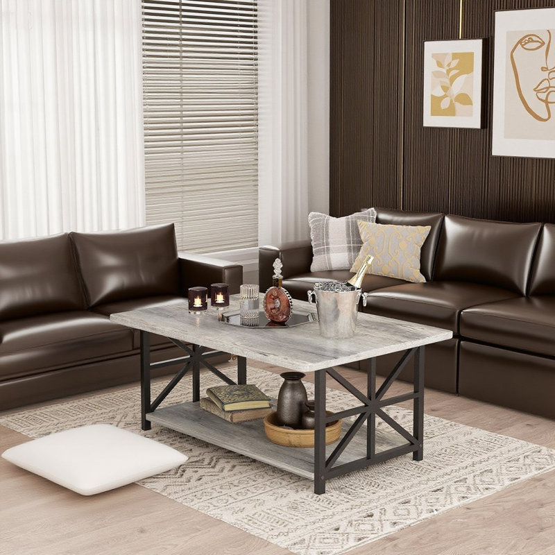 Modern Industrial Style Coffee Table With Frame, 2 Tier Living Room Table With Storage Shelf, Rectangular Center Table For Living Room Modern Style For Living Room, Office, Balcony