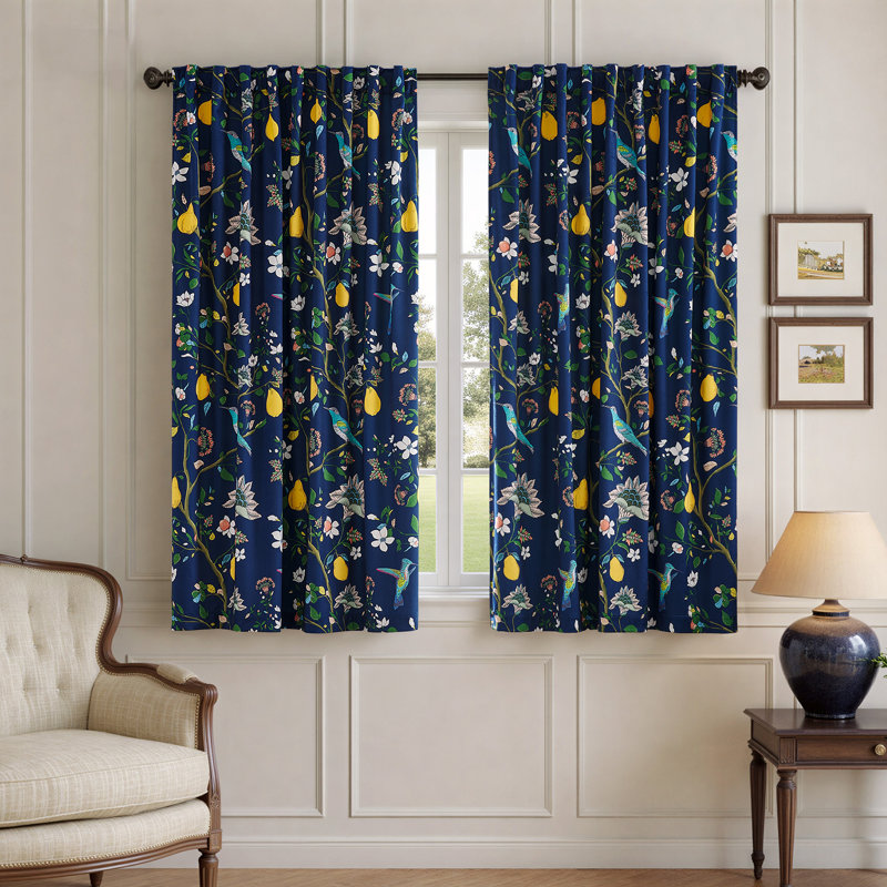 Luxury Velvet Fancy Hummingbird Blackout Curtain. Rod Pocket Back Tab Thermal Insulated Room Darkening Drapes（set of 2）, Navy