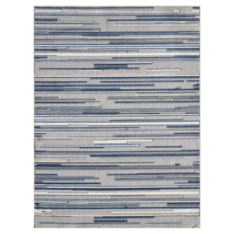 Tapis d'extérieur à rayures abstraites Gemmill, Bleu, Rectangle 7 pi x 9 pi