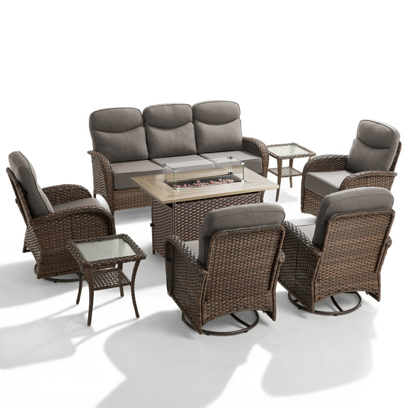Ensemble de conversation pour canapé 8 pièces à dossier haut avec chaises pivotantes et table de foyer d'extérieur 8 pièces