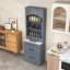 Garde-manger haut avec haut plateau en faux marbre, tablettes de rangement et tiroirs-410403534-410403533