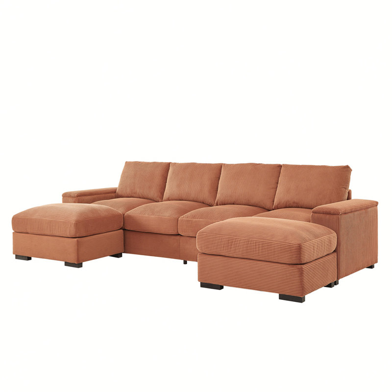 Canapé modulaire à assise profonde avec repose-pieds, canapé-lit Faaliliu, Velours côtelé orange