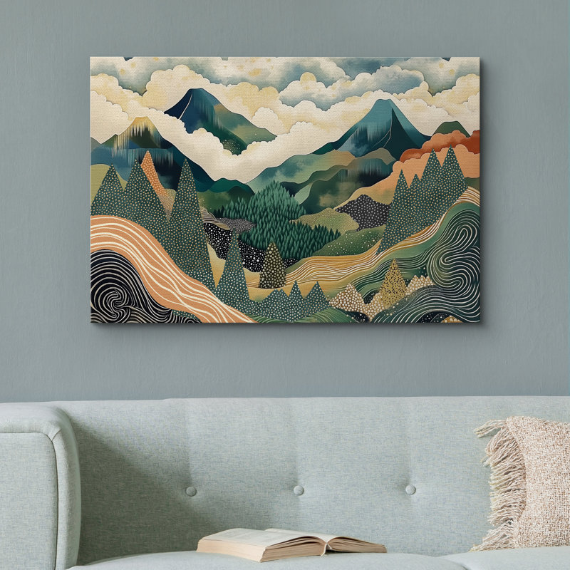 "Whimsical Mountain Scene", reproduction d'art sur toile - décor éclectique pour des espaces créatifs ou des chambres à coucher