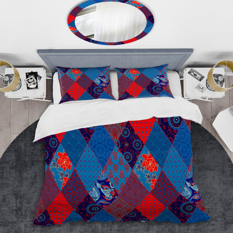 Patchwork bleu et rouge - ensemble de housse de couette abstrait - microfibre de polyester
