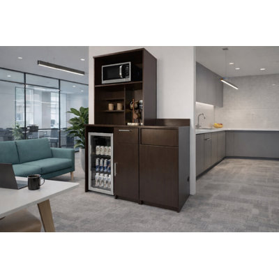 Office Breakroom Refreshment Cabinet with Microwave Shelf, Mini Fridge Opening & Trash Bin – Fully Assembled Commercial Coffee Station Hutch – 54" W x 24" D x 75" H