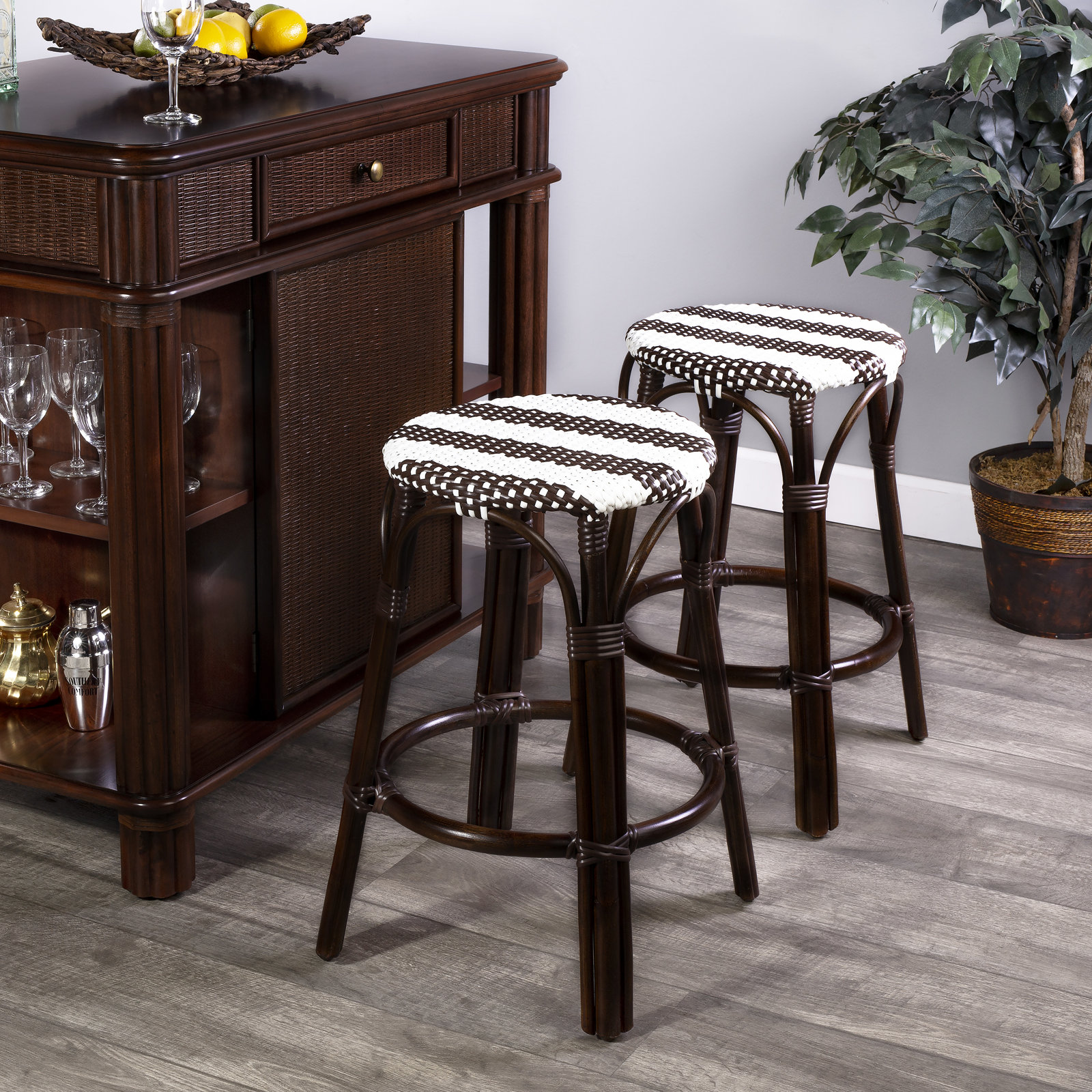 Alastair Bar & Counter Stool, Counter Stool (24" Seat Height), White/Brown Stripe/Dark Brown Rattan Frame