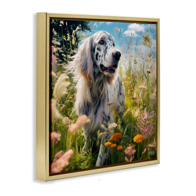 Happy Dog Among Flowers Gold Framed Floater Canvas Wall Art by Roozbeh Bahramali