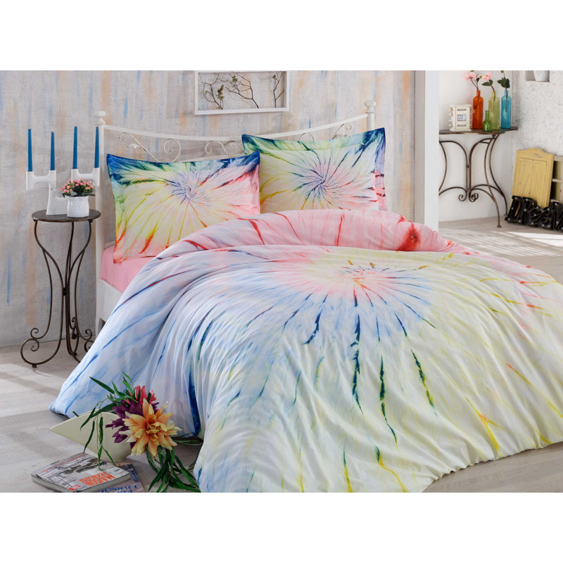 Ensemble de housse de couette 100% coton rose / jaune / bleu Jefferey, Housse de couette double TG + 3 pièces supplémen