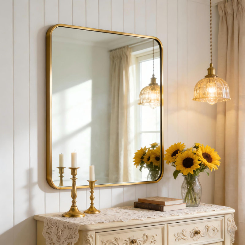 Mercedita Metal Rectangle Wall Mirror, Gold, 32" x 24"