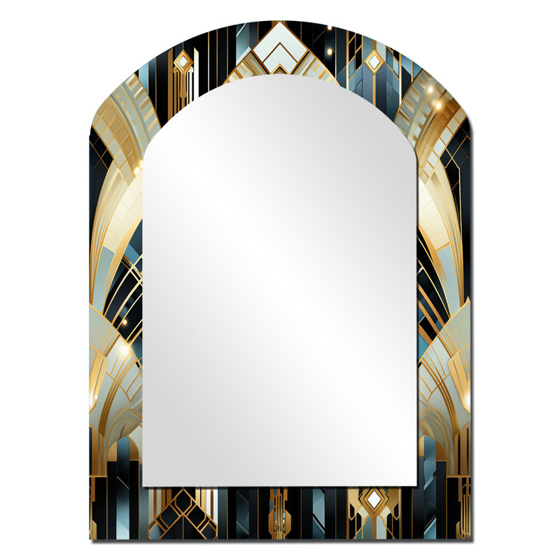 1970S Blue And Gold Damask Art Deco - Marble Asymmetrical Decorative Mirror, Modern Arch Wall Mirror, Printed Metal Art