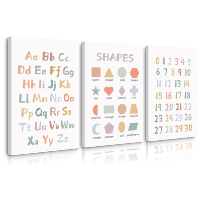 Kids Playroom Wall Art Decor Nursery ABC Alphabet Poster Play Room Canvas Wall Decor Toddler Childrens Educational Artwork Numbers Shapes Prints ABC Picture For Playroom 12X16 Inch Ready To Hang 3Pcs