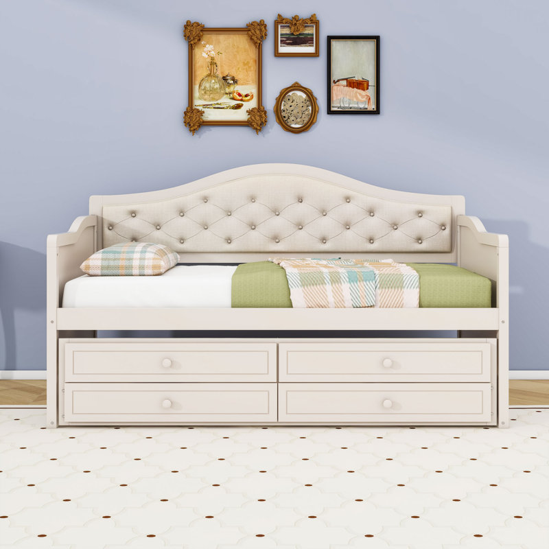 Twin Daybed with Upholstered Button-Tufted Backrest,Twin Trundle and Storage Drawers, Beige