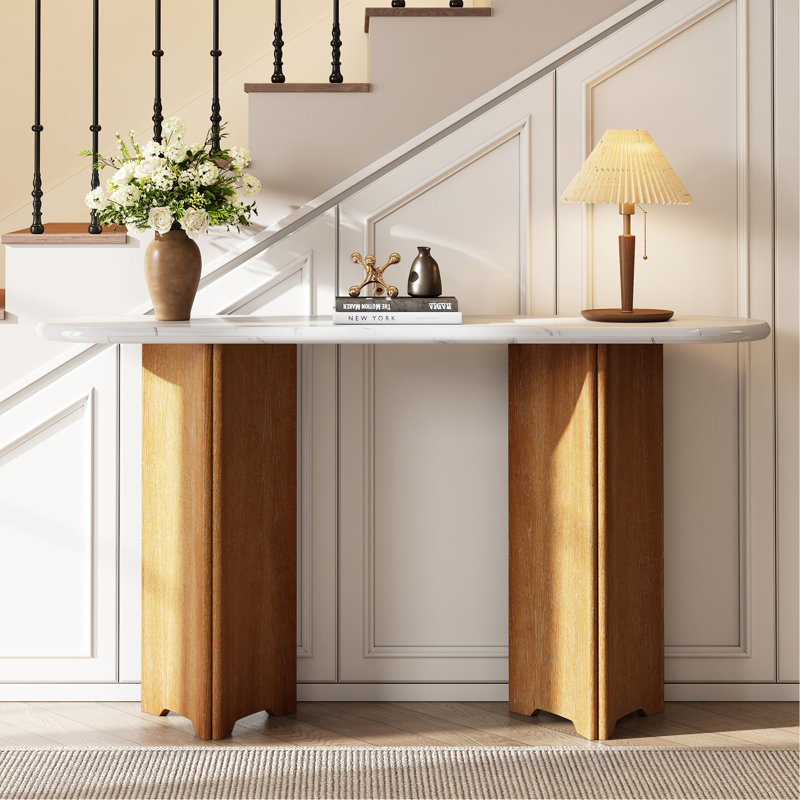 Console étroite avec plateau ovale en marbre, pieds courbés et base triangulaire, Naturel