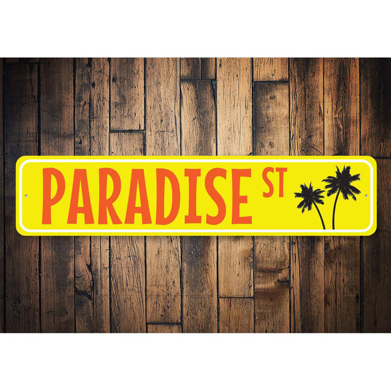 Plaque en aluminium Paradise Street, H 4 po x l 18 po x P 0,04 po