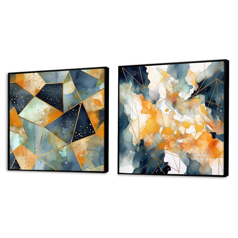 «Blue Yellow Asymmetric Marble Shapes» 2 pièces, Cadre noir, H 16 po x l 33 po
