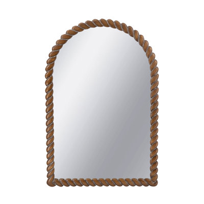 24X36" Arched Pine Wood Accent Mirror With Textured Brown Frame