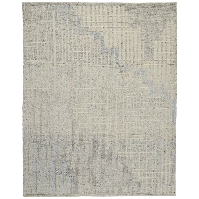 Cliffside Flatweave Wool Geometric Area Rug in Ice Blue/White, Rectangle 8' x 10'