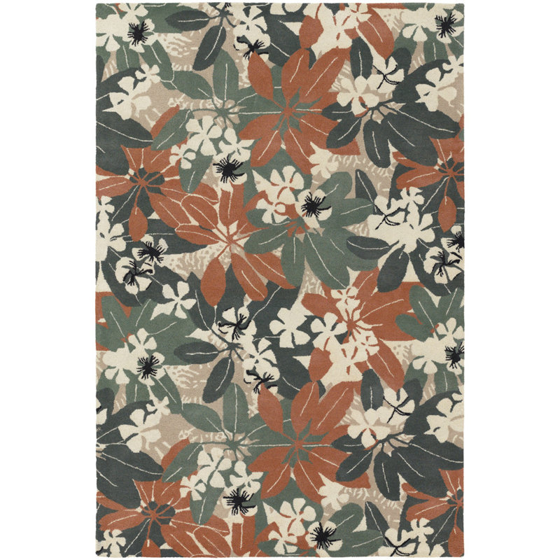 Citori Authentic Hand-Tufted Handmade Modern Tropical Overlapping Foliage Green, Black, Beige, Orange & Ivory Wool Area Rug
