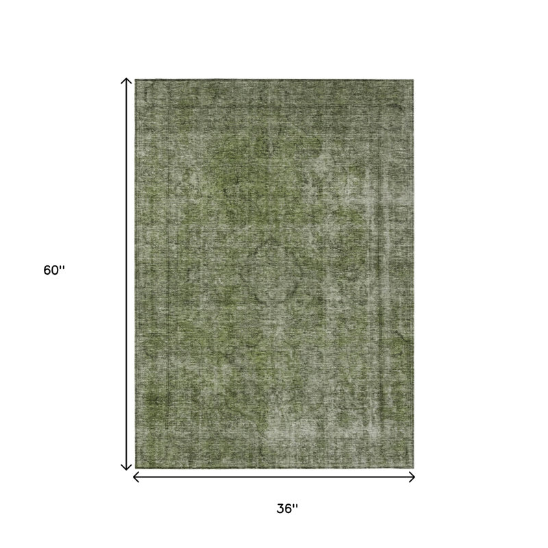 3' X 5' Green And Silver Medallion Washable Indoor Outdoor Area Rug