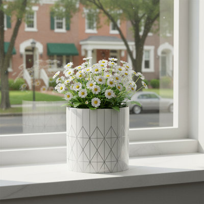 6.3" W White Geometric Planter, Modern Geometric Pattern Ceramic Plant Pot