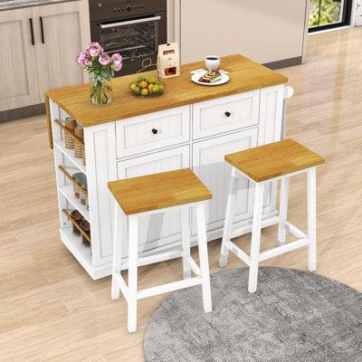 Îlot de cuisine avec 2 tabourets de bar, prise de courant, support de rangement et 2 tiroirs