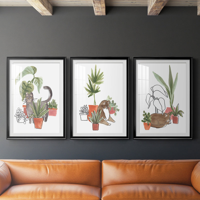 «Purrfect Plants I», reproduction encadrée de qualité supérieure, prête à être accrochée, H 42,5 po x l 91,5 po x P 1,25 po