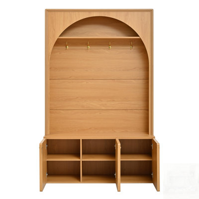 Farmhouse All-In-One Hall Tree With Adjustable Shelves, Retro Arched Entryway Storage Bench With 3 Cabinets, Wooden Coat Rack Organizer With 4 Golden Hooks For Mudroom, Hallway