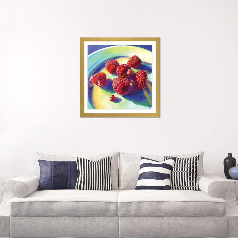 Framboises sur une plaque - reproduction d'art murale - papier d'art encadré, Papier à coins ouverts avec passe-partout, Doré