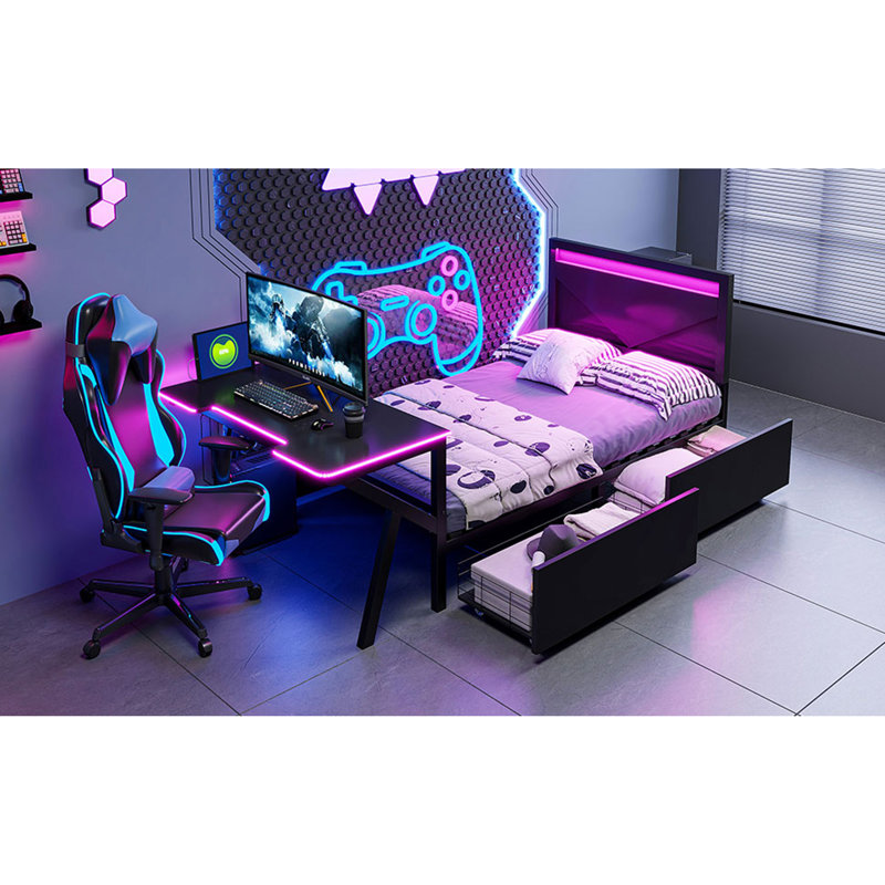 Lit plateforme en métal avec tête de lit à DEL, bureau à DEL, USB et deux tiroirs de rangement, Lit simple