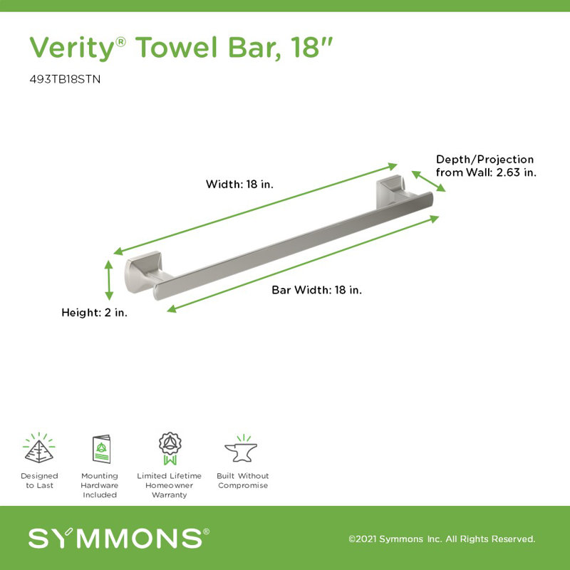 Verity Towel Bar with Mounting Hardware, Satin Nickel, 2.63" H x 18" L x 2.12" D