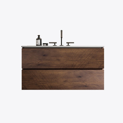 Meuble-lavabo mural 36 po en noyer avec lavabo en céramique et trois trous de robinet, grand meuble-lavabo flottant de rangement pour salle de bain moderne, pré-assemblé