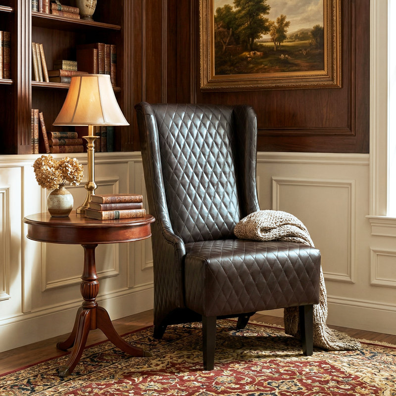 Fauteuil d'appoint à haut dossier en cuir de polyuréthane avec motif à oreilles et pieds en bouleau, Dark Brown