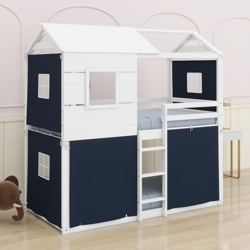 Bunk Wood House Bed With Tent, Blue, Twin Over Twin