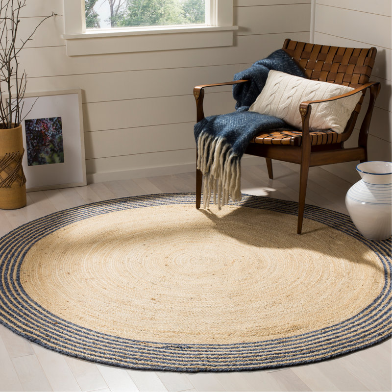 Doleman Hand Woven Jute/Cotton Rug in Blue/Ivory, Round 6'