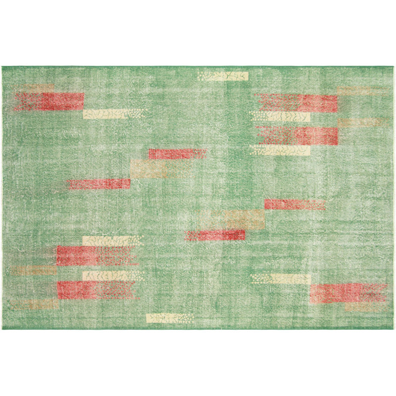 Tapis unique en laine noué à la main de style années 1960 de 6 pi 10 po x 10 pi 1 po vert / rouge