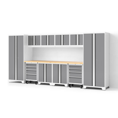 Ensemble de 12 armoires de garage Bold XL Series Platinum avec outil, base, armoires murales, plan de travail en bambou et Casiers