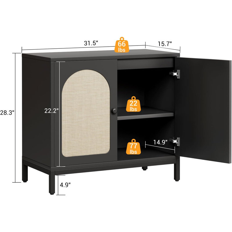 Buffet en rotin, armoire de rangement de cuisine avec portes en rotin et tablettes réglables, buffet de boissons alcoolisées Boho pour le couloir de la salle à manger, noir