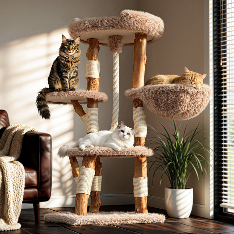 Artisan Solid Wood Branch Cat Tree for Large Maine Coons & Multi-Cat Homes, 56"H, Beige