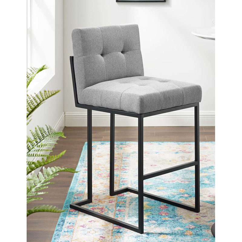 Privy Light Gray Tufted Upholstered Bar Stool with Black Metal Base