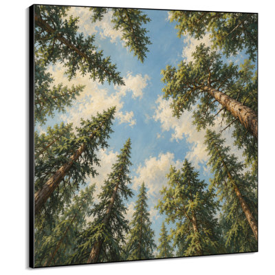 Très grande reproduction d'art sur tissu mural - Forêt de pins haute regardant le ciel bleu pour le salon ou la chambre à coucher - «Assemblage requis du cadre (cadre non fini)»