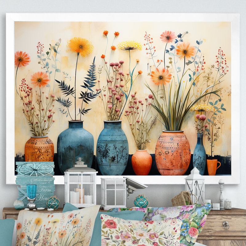 «Blue Floral Watercolor Pottery IV - Boho Pottery», art mural, Cadre de coin blanc fermé, H 16 po x l 32 po x P 1 po