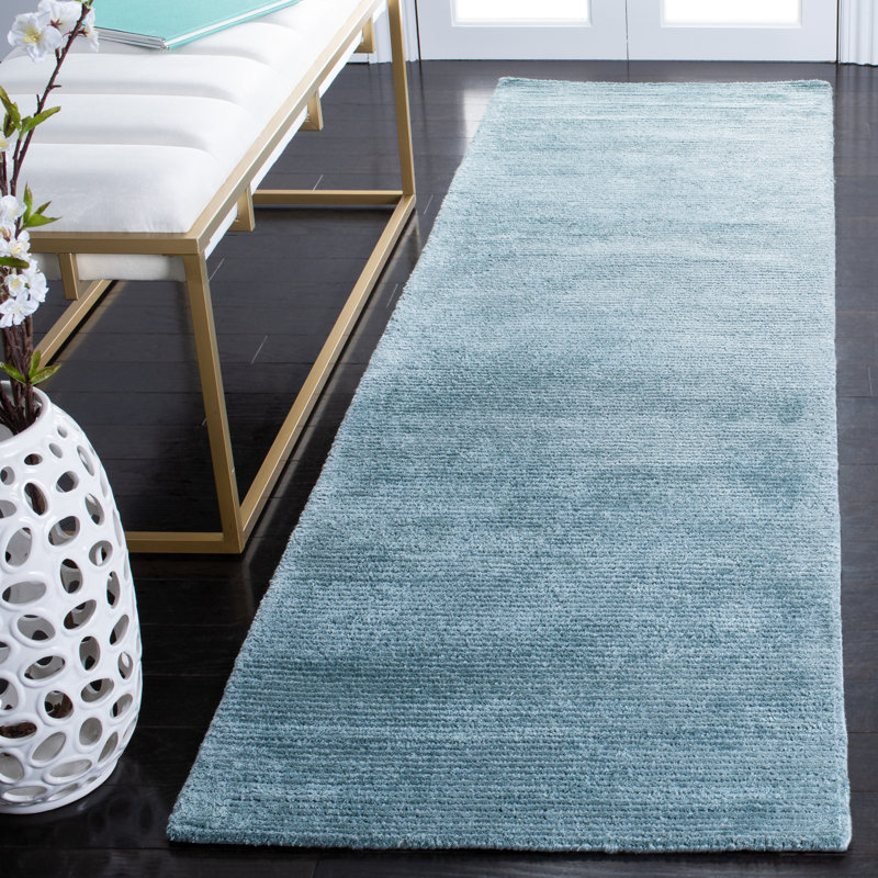 Tapis bleu uni en viscose / laine touffeté à la main Himalaya, Tapis de couloir 2 pi 3 po x 6 pi