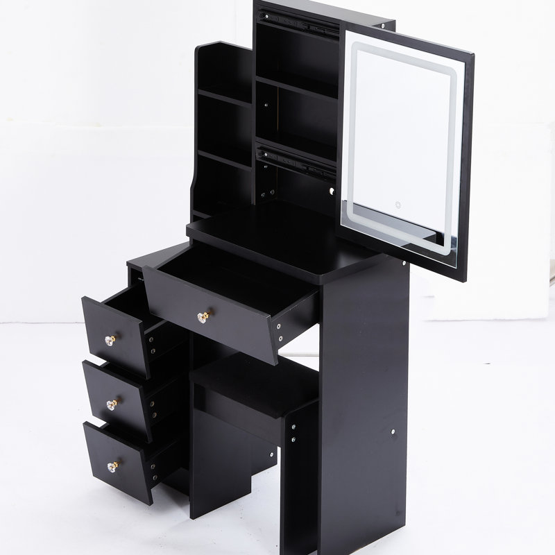 Coiffeuse noire avec miroir tactile à DEL coulissant, réglable en couleur, tabouret rembourré, idéale pour les petits espaces. Design américain.