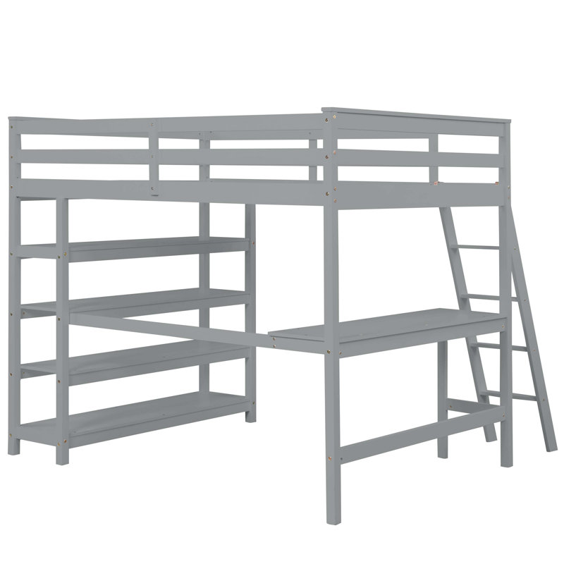 Lit mezzanine avec bureau, échelle, tablettes , Gris, Double