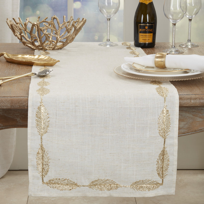 Cream and Gold Floral Embroidered Polyester Table Runner
