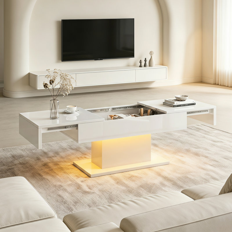 Budwin High Gloss LED Coffee Table with Storage & Sliding Top, White