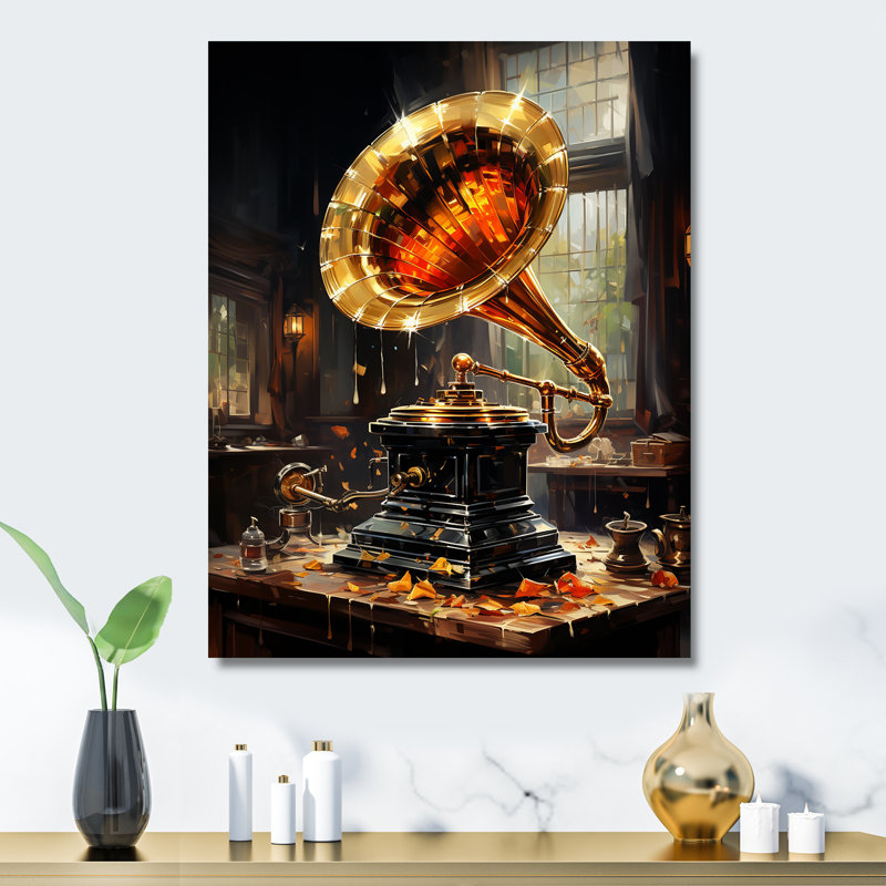Gold Phonographs Elegance I - Phonographs, art mural en métal, H 32 po x l 16 po x P 1 po