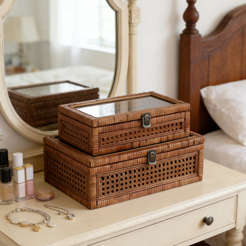 Brown Wood And Rattan Decorative Boxes With Glass Lids - Set Of 2, Brown
