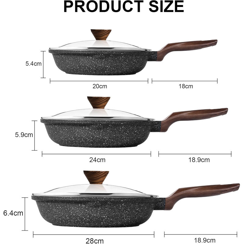 Non-Stick Frying Pan Set, 20cm + 24cm + 28cm(with Lid)